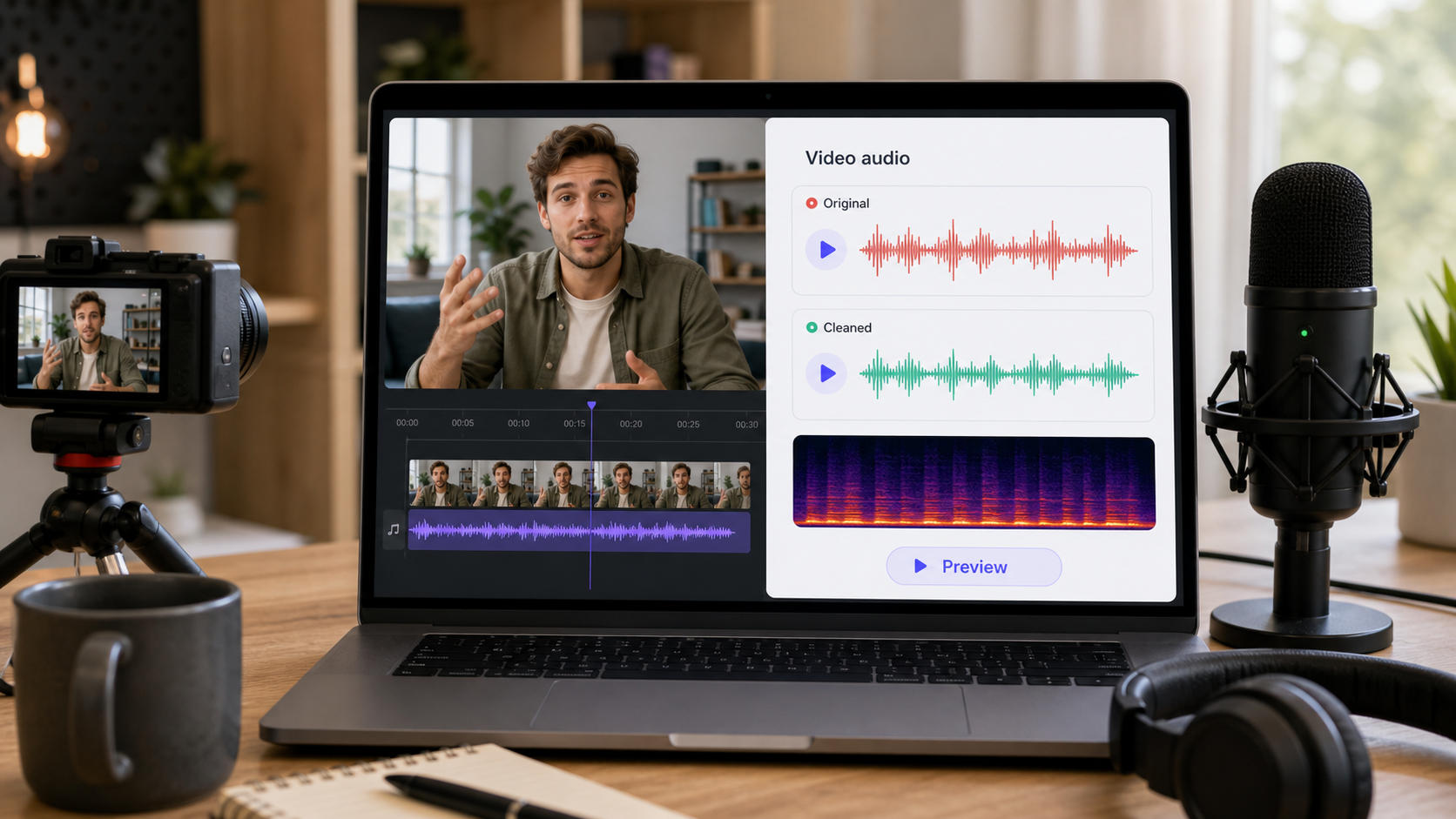 Creator video audio cleanup workflow showing noisy footage becoming clearer dialogue