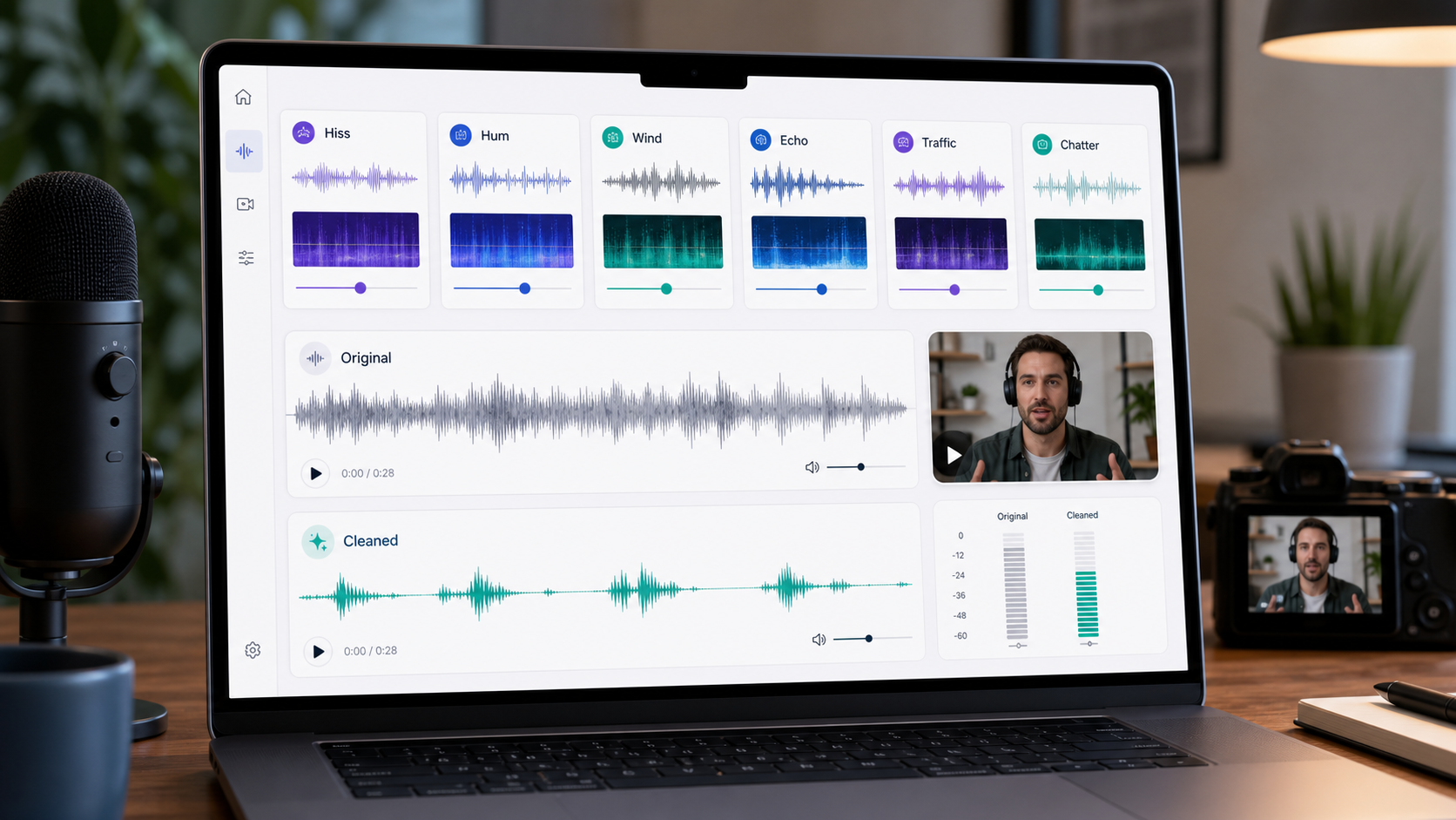 AI audio cleanup preview identifying hiss, hum, wind, and echo before producing a cleaner voice