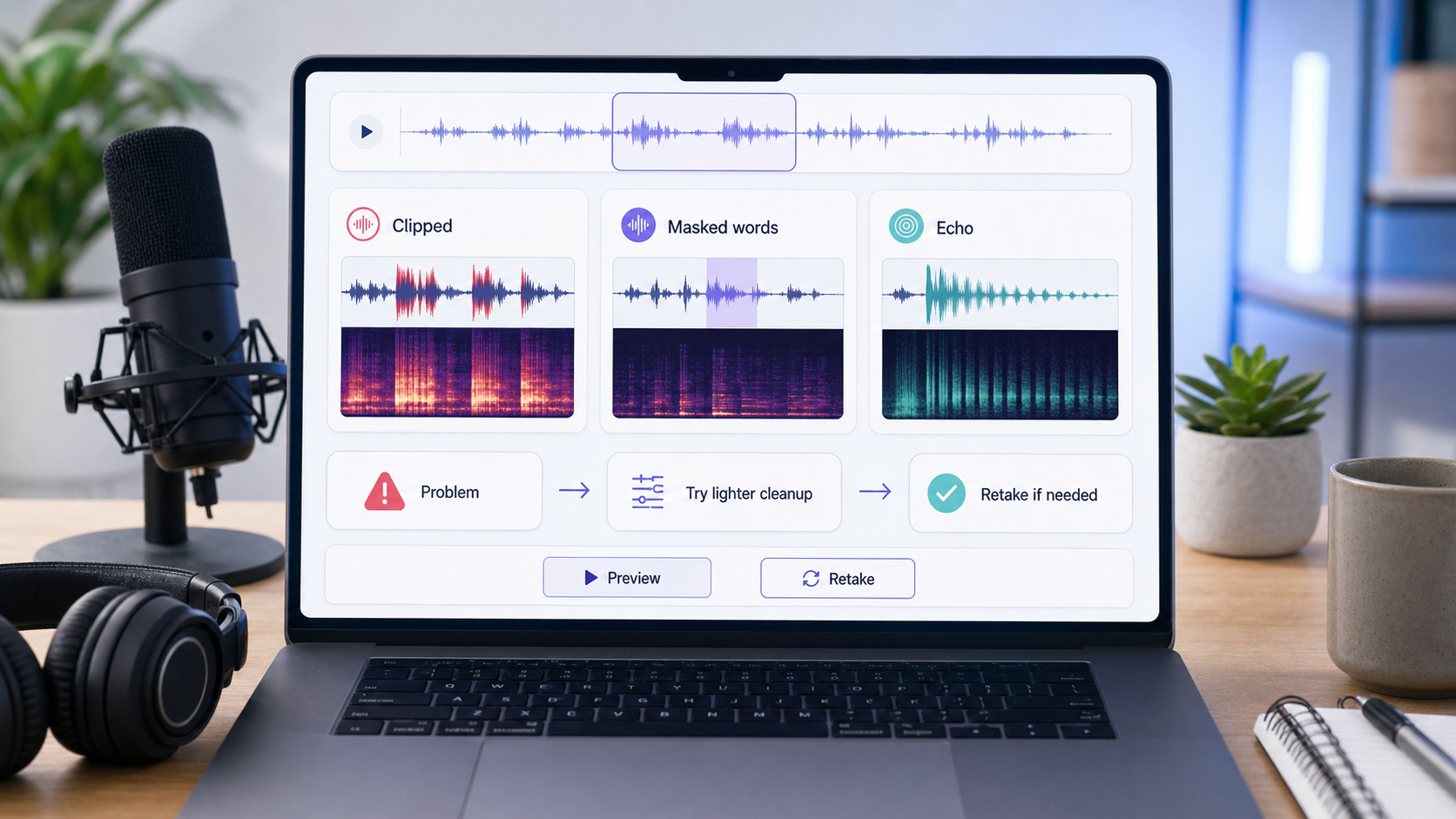 Audio cleanup diagnosis showing clipped voice, masked words, echo, preview, and retake decisions