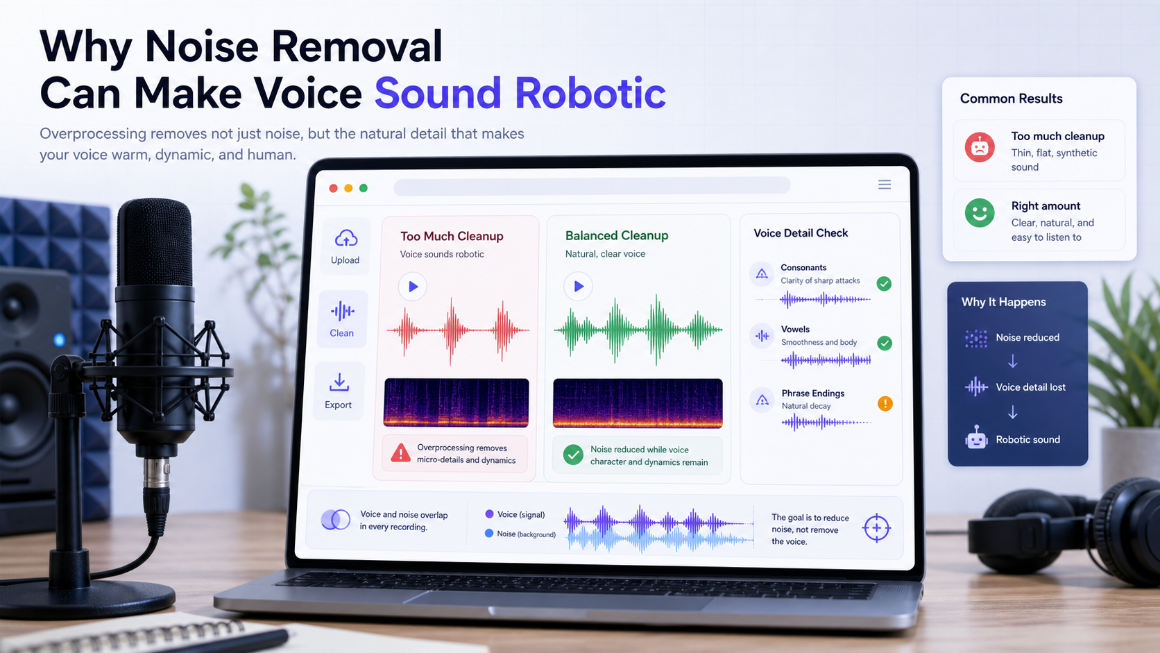Noise removal artifact explainer comparing overprocessed robotic voice with balanced cleanup